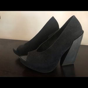 Black suede open-toed heels 4 inch heals